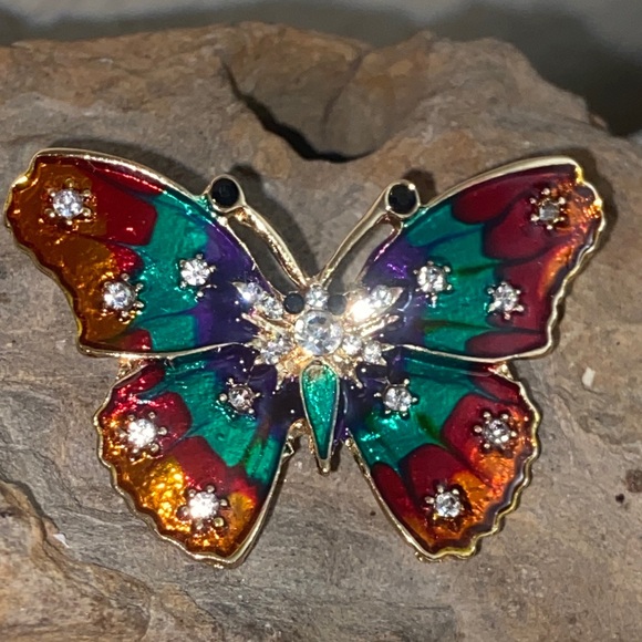 Jewelry - Vintage 90s Enamel & Rhinestoned Colorful Butterfly Broach